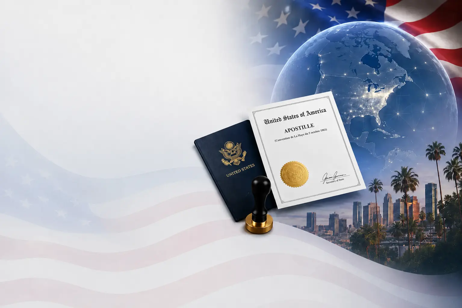 U.S. notary and apostille services featuring an American flag, passport, apostille certificate, and global document authentication